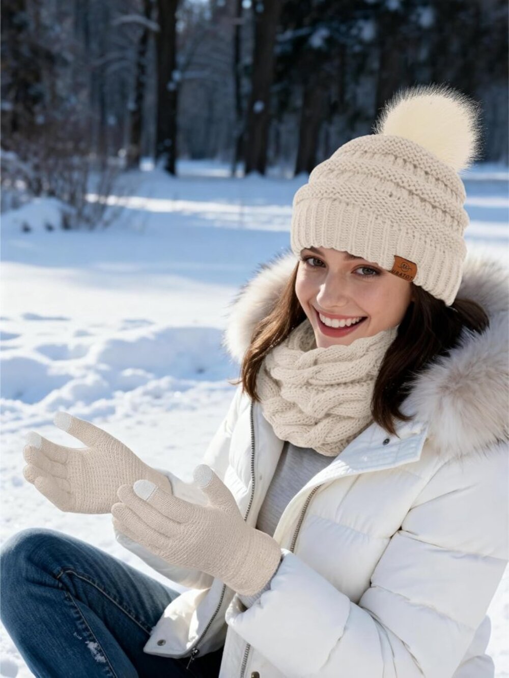 Winter Warm Knitted Sets Beanie Pompom Hat Scarves Winter Touchscreen Gloves Sca - Picture 6 of 6